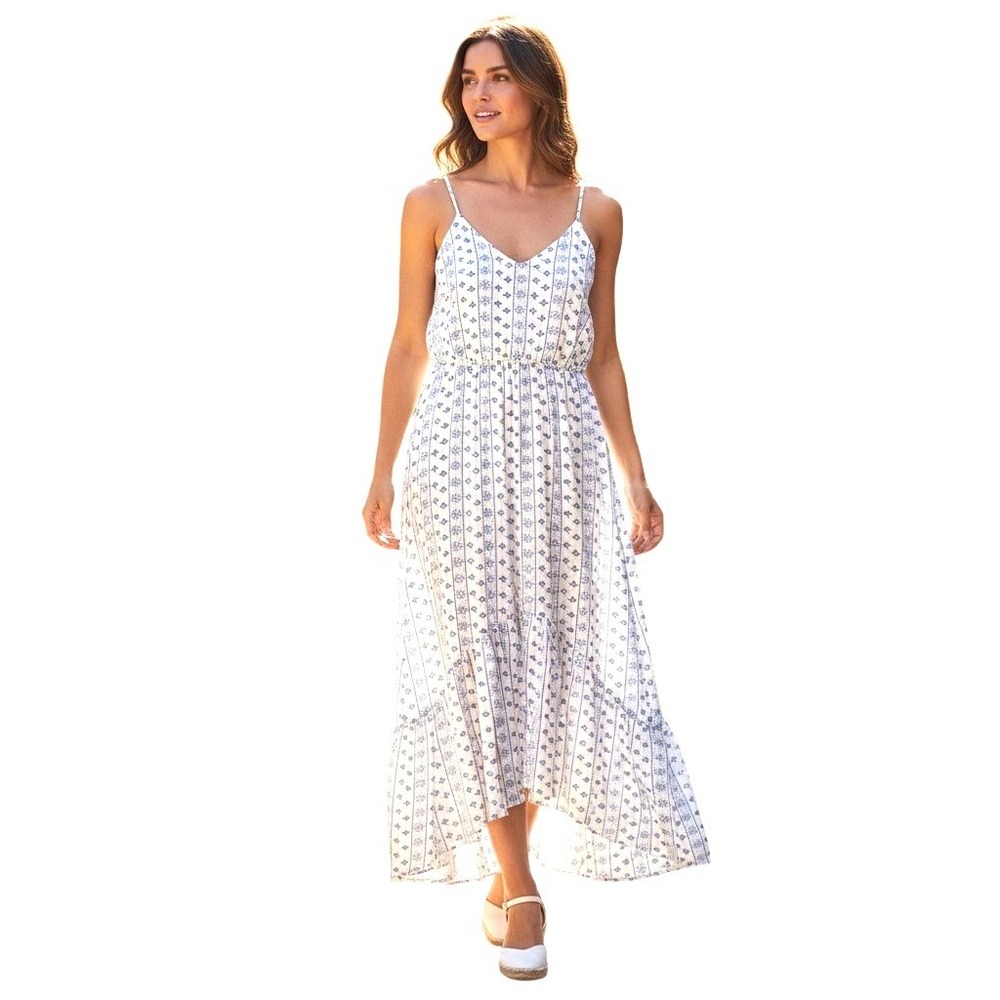 Miami Women Blue White Eyelet High Low Tiered Midi Dress Large‎ Boho V-Neck L